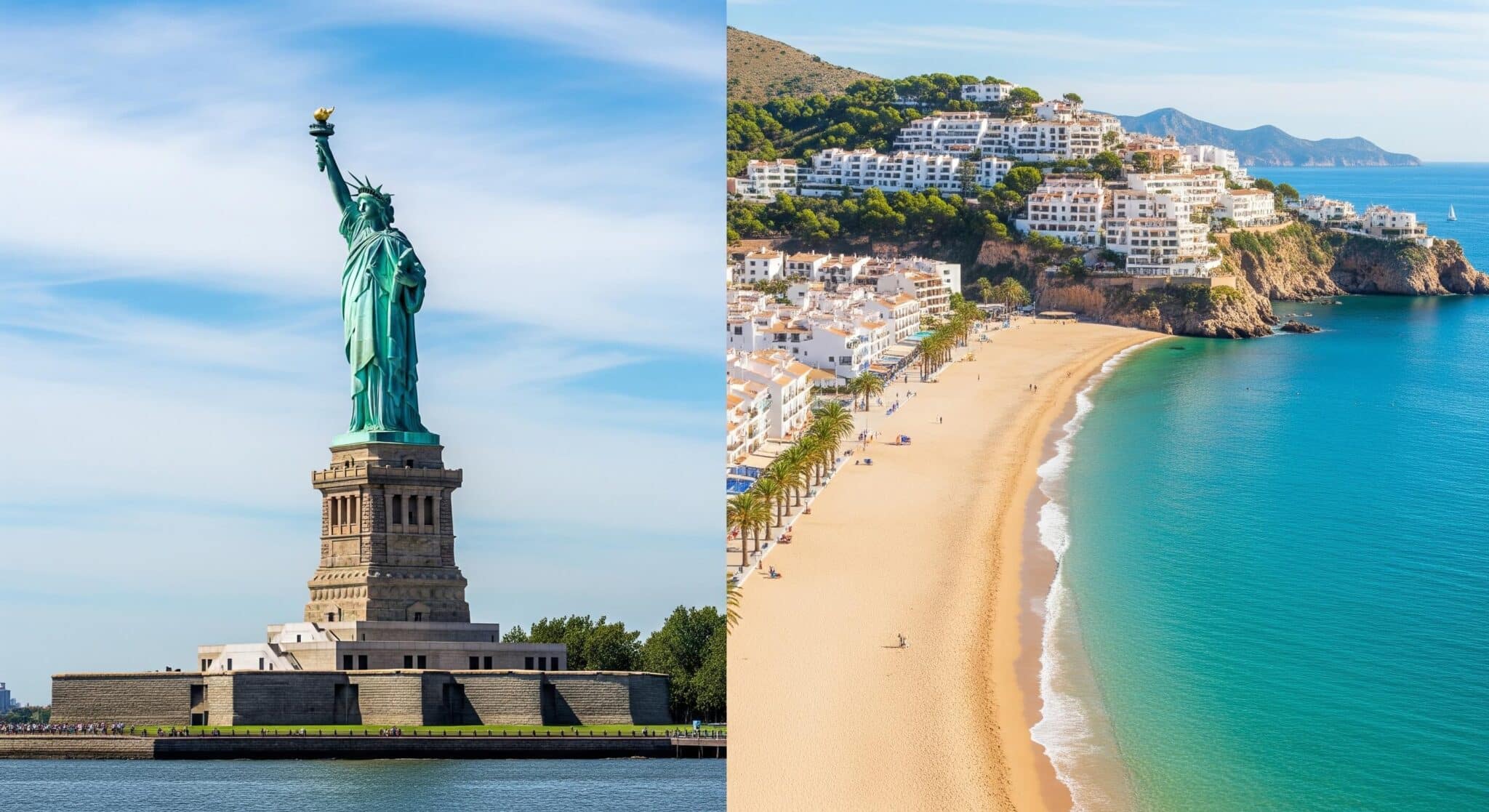 Americans moving to Spain 2025 – Statue of Liberty with Spain’s sunny Mediterranean coast.