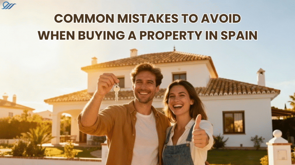 Happy couple buying property in Spain outside new home with search and survey spain