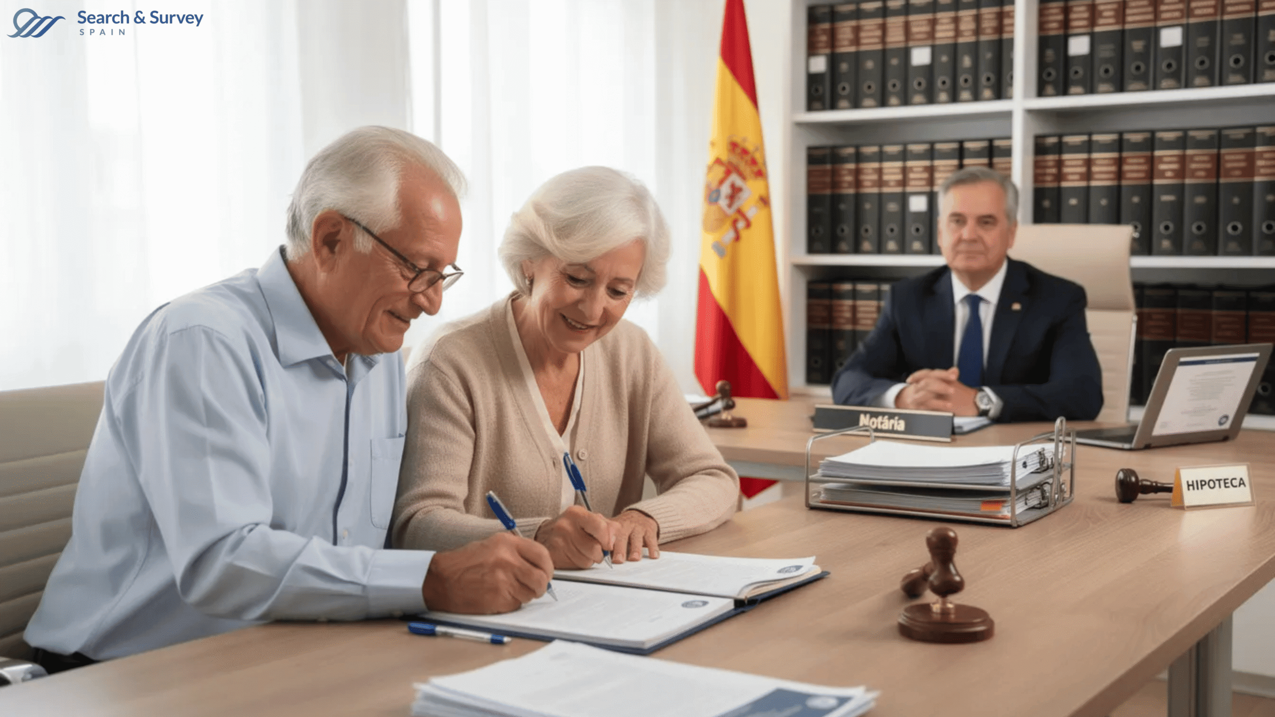 A couple signing real estate documents in front of a notary in Spain for property purchase.