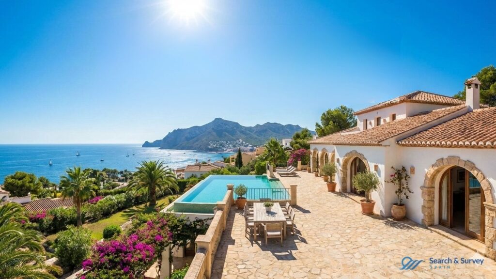 Buyer’s agent showing a coastal property in Spain to international buyers during a private viewing.
