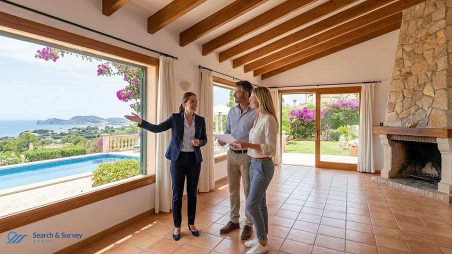 An experienced buyer’s agent from Search and Survey Spain guiding U.S. and UK buyers through a Spanish property viewing, ensuring clarity, transparency, and confident decision-making before purchase.