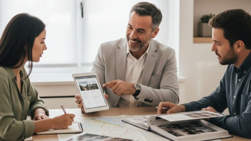 A professional property advisor in a bright office presenting real estate listings on a tablet to an engaged couple who are taking notes and reviewing a property brochure.