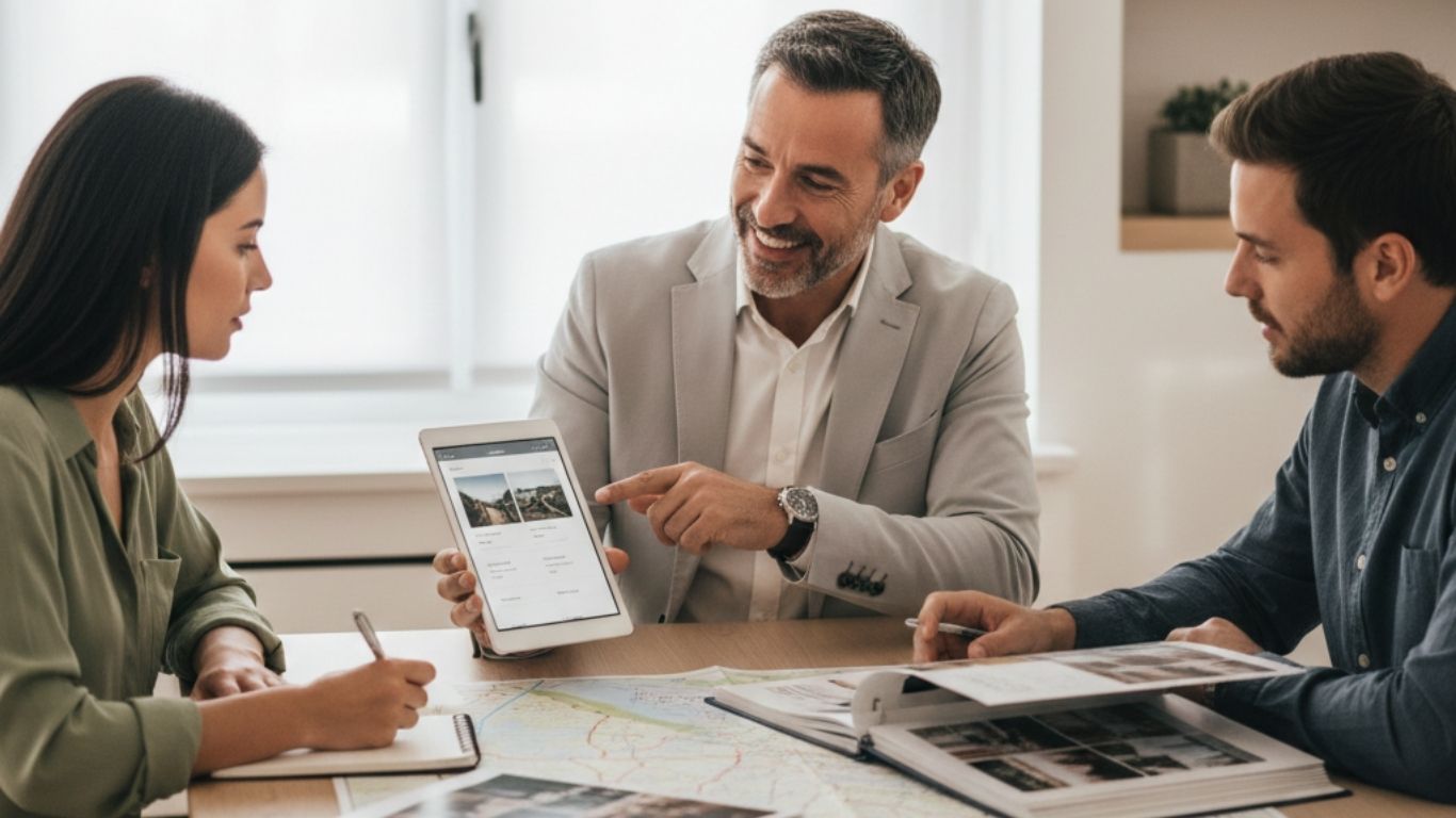 A professional property advisor in a bright office presenting real estate listings on a tablet to an engaged couple who are taking notes and reviewing a property brochure.