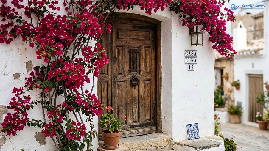 Authentic Spanish property entrance featuring traditional architecture and bougainvillea flowers