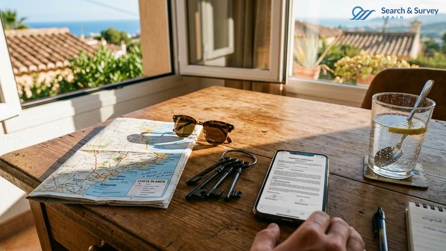 Professional Spain property advisors reviewing off-market real estate contracts and local maps